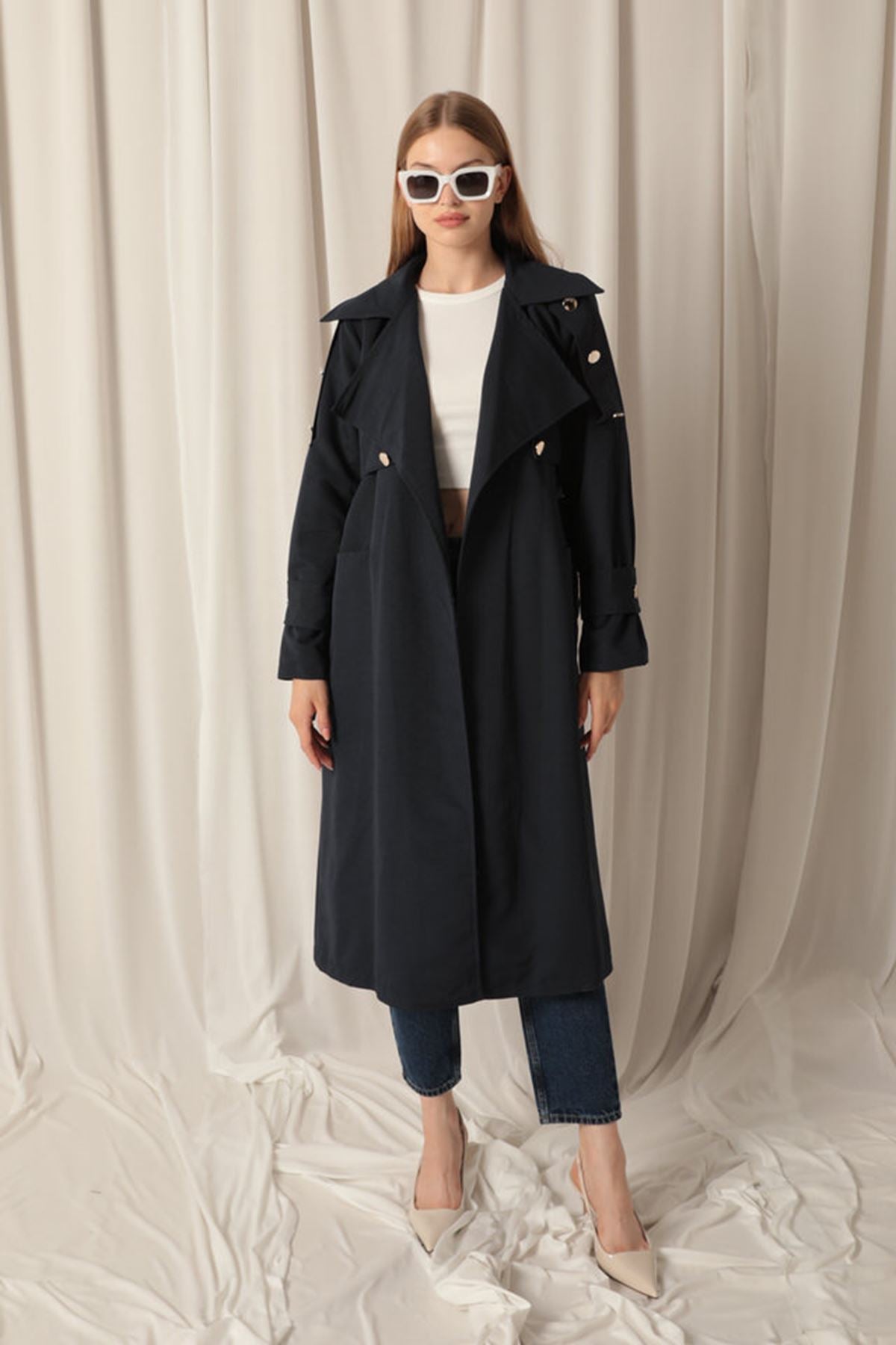 Woven Fabric Waterproof Buttoned Women's Navy Blue Trench Coat - trendynow