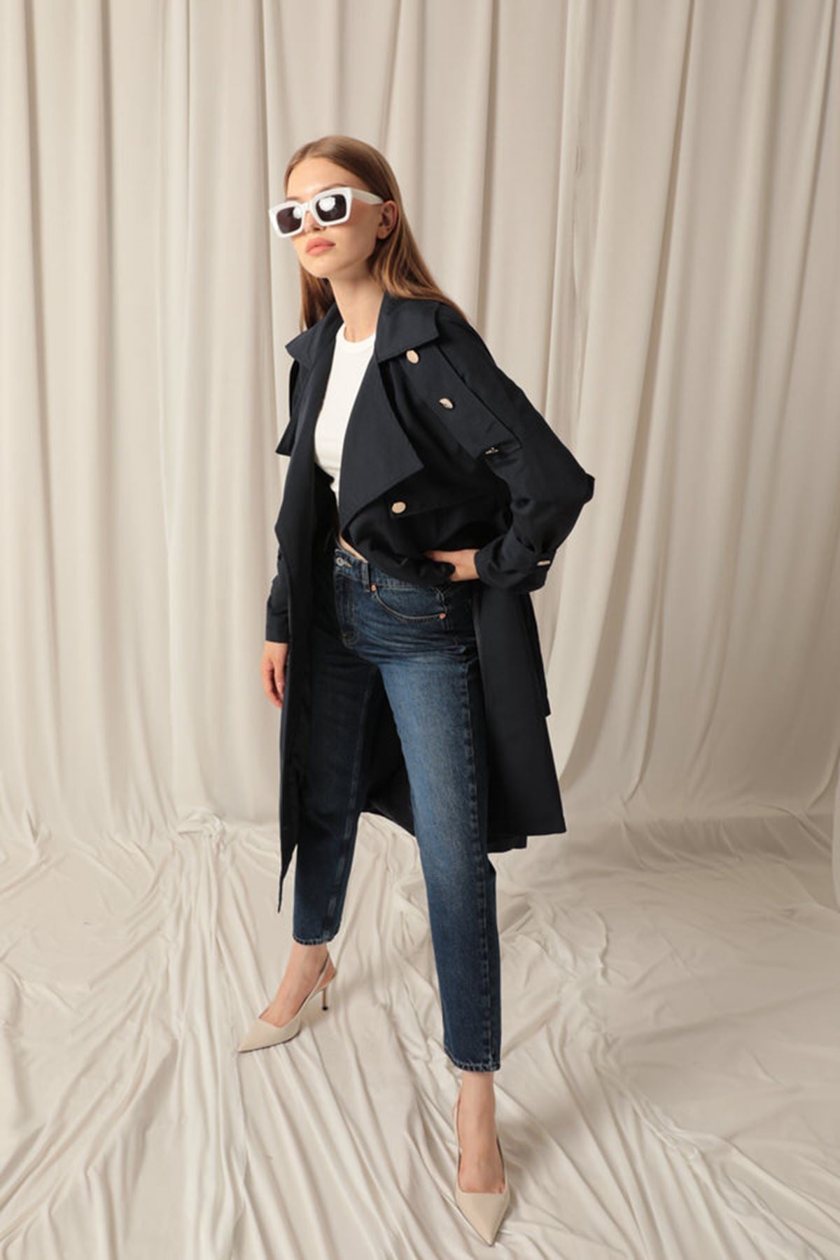 Woven Fabric Waterproof Buttoned Women's Navy Blue Trench Coat - trendynow