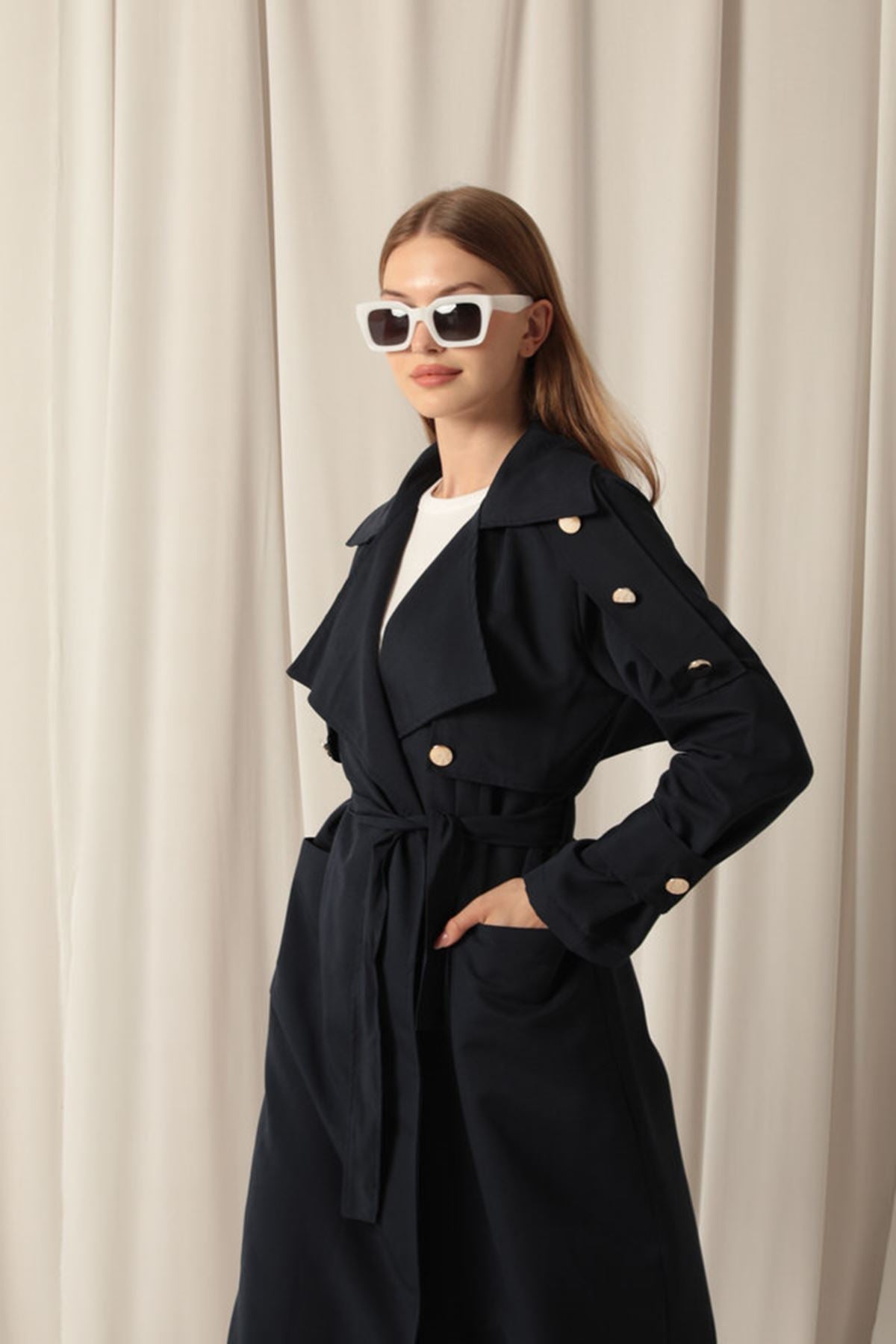 Woven Fabric Waterproof Buttoned Women's Navy Blue Trench Coat - trendynow