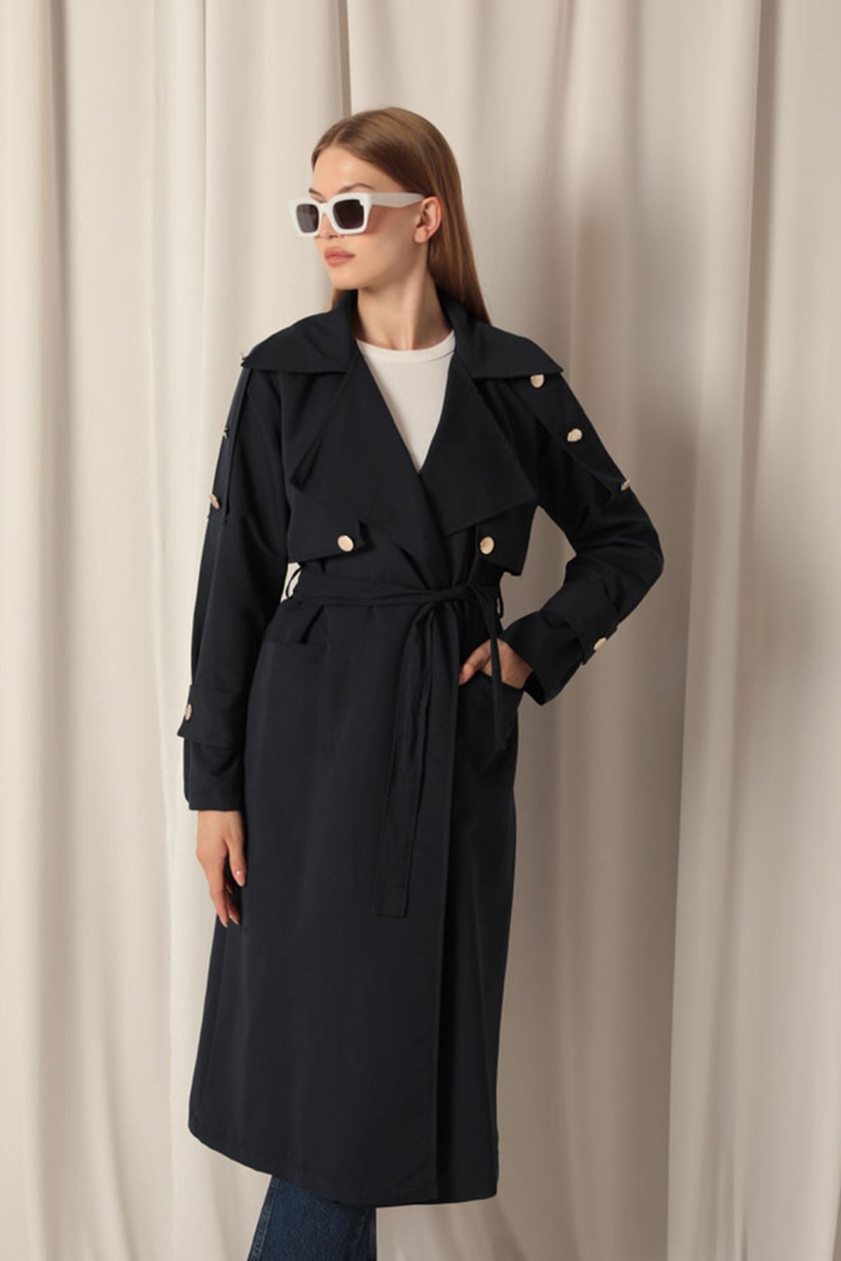 Woven Fabric Waterproof Buttoned Women's Navy Blue Trench Coat - trendynow