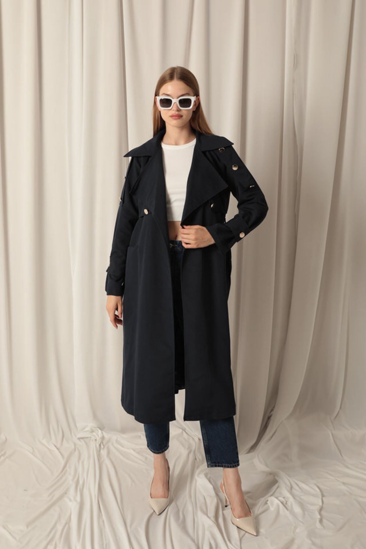 Woven Fabric Waterproof Buttoned Women's Navy Blue Trench Coat - trendynow