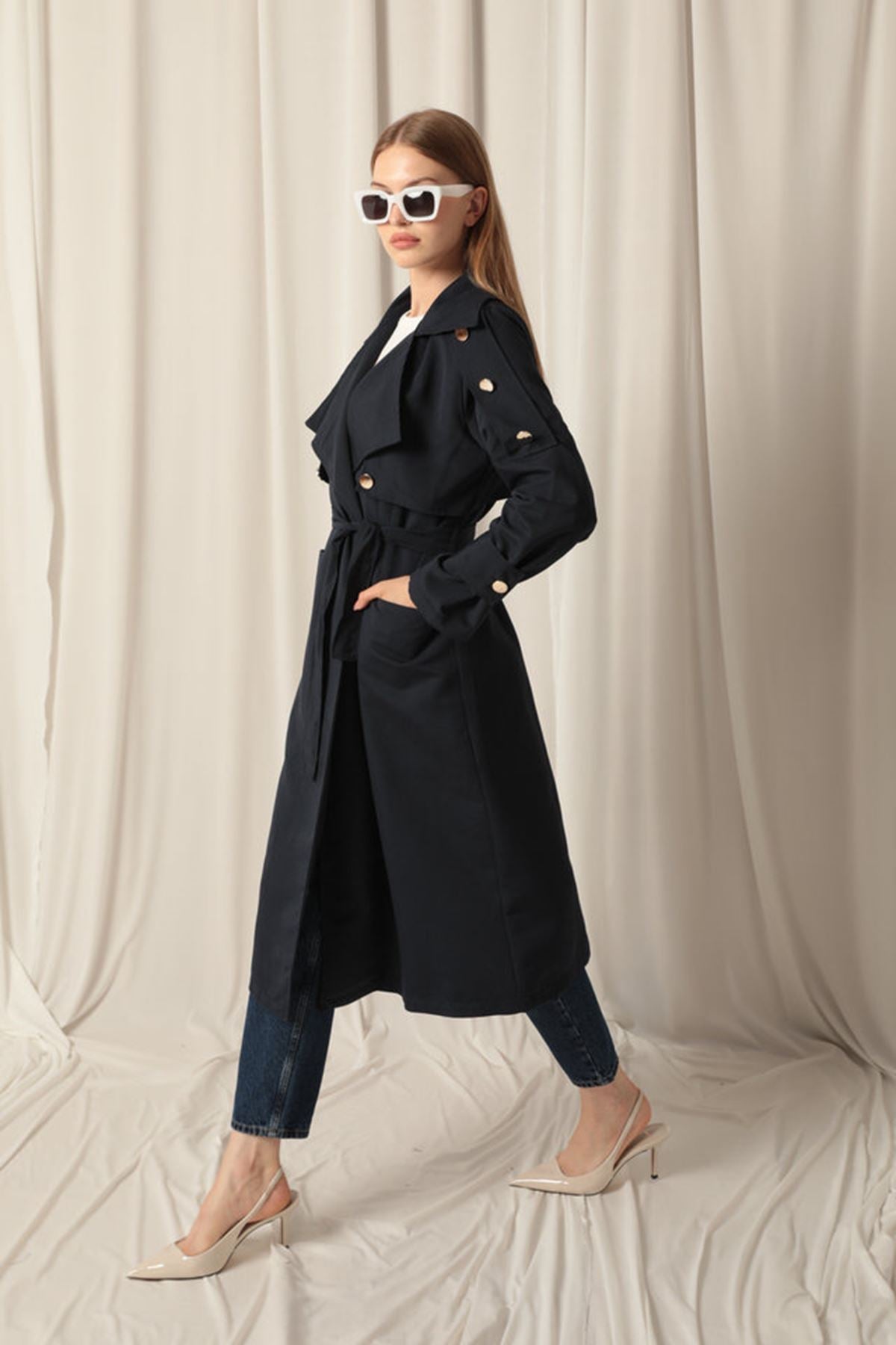 Woven Fabric Waterproof Buttoned Women's Navy Blue Trench Coat - trendynow