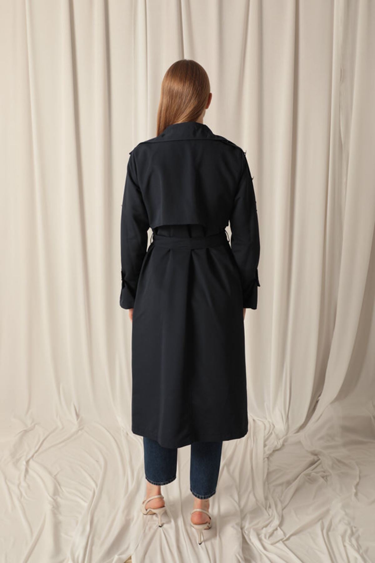 Woven Fabric Waterproof Buttoned Women's Navy Blue Trench Coat - trendynow